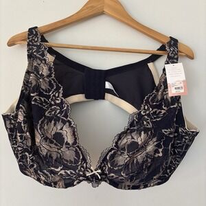 NWT Cacique Unlined Plunge Bra 50C Navy Blue Lace Overlay Underwire Sexy Support